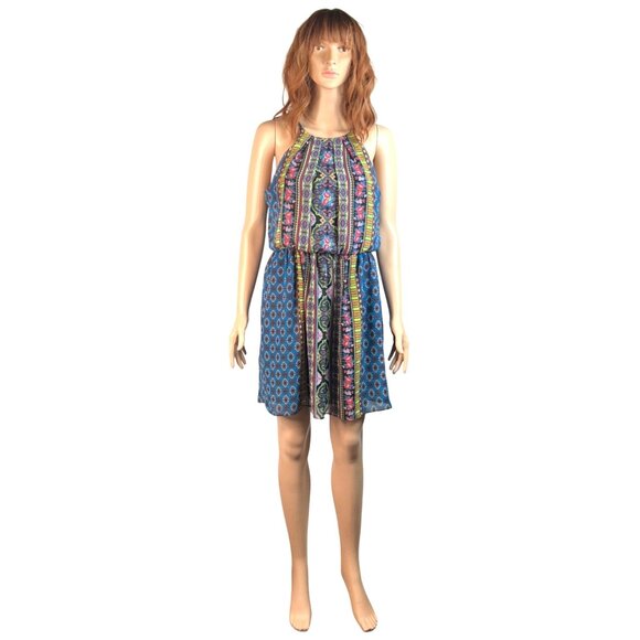 By & By Multicolor Bohemian Aztec Floral Sleeveless Halter Mini Dress Size Large - Picture 1 of 8